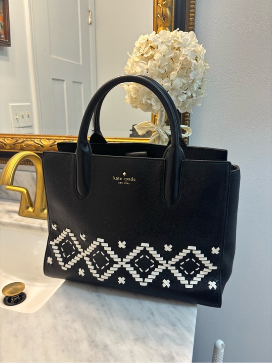 kate spade Handbags - NWOT Kate Spade Black Leather Satchel with White Embroidered Geometric Pattern